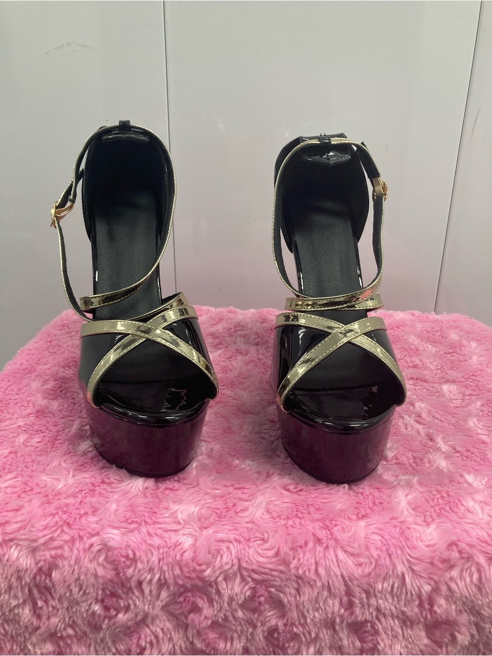 Black and Gold Platform Ankle-Strap Heels